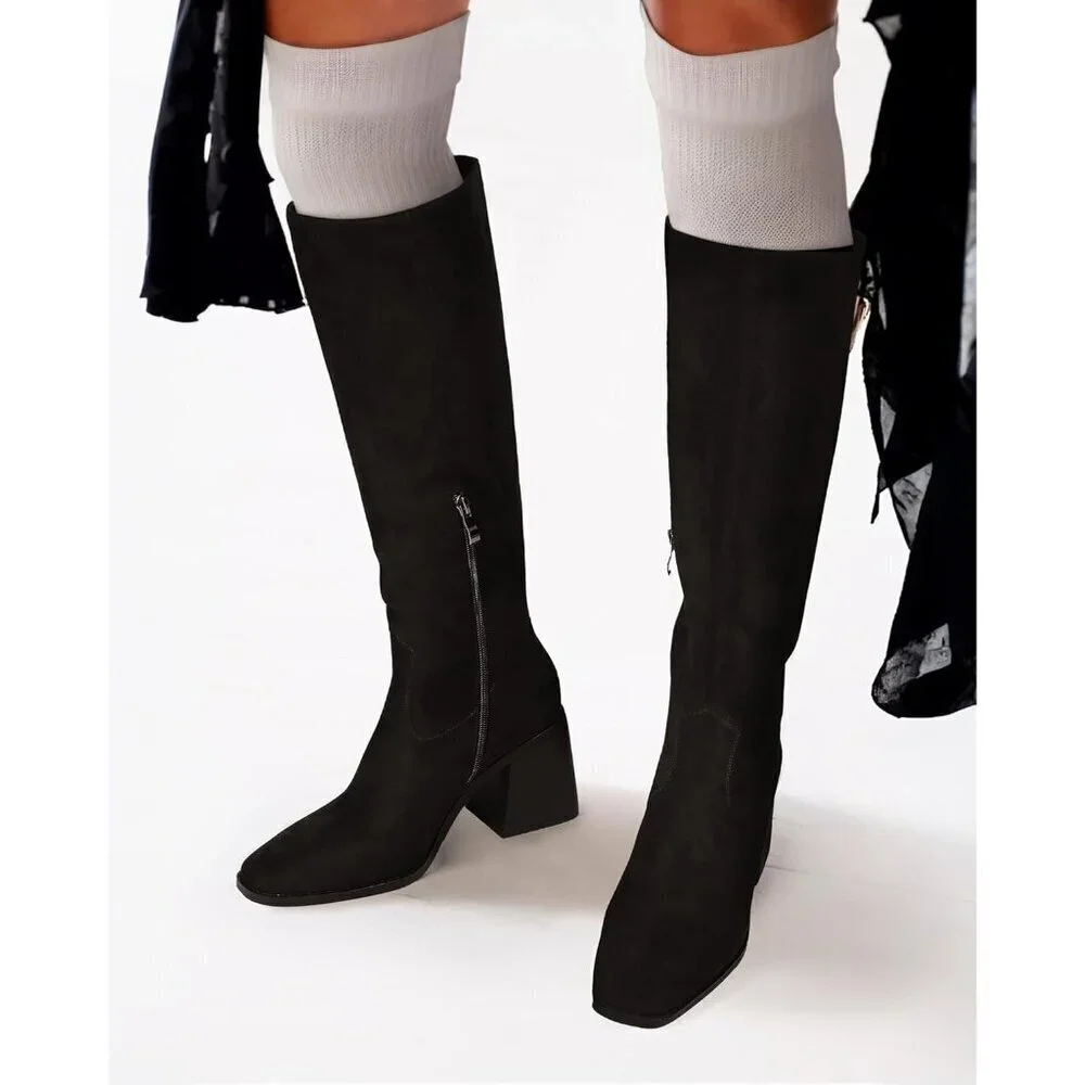 Women Black Polyurethane Knee High Square Toe Side Zipper Block Heel Tall Boots